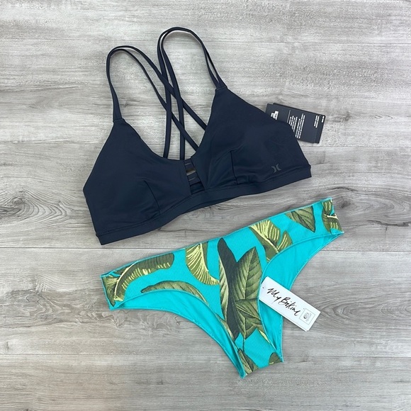 ☀️HURLEY☀️BLACK SPORT TOP COCO BEACH CHEEKY HIP BIKINI SET - Picture 2 of 14